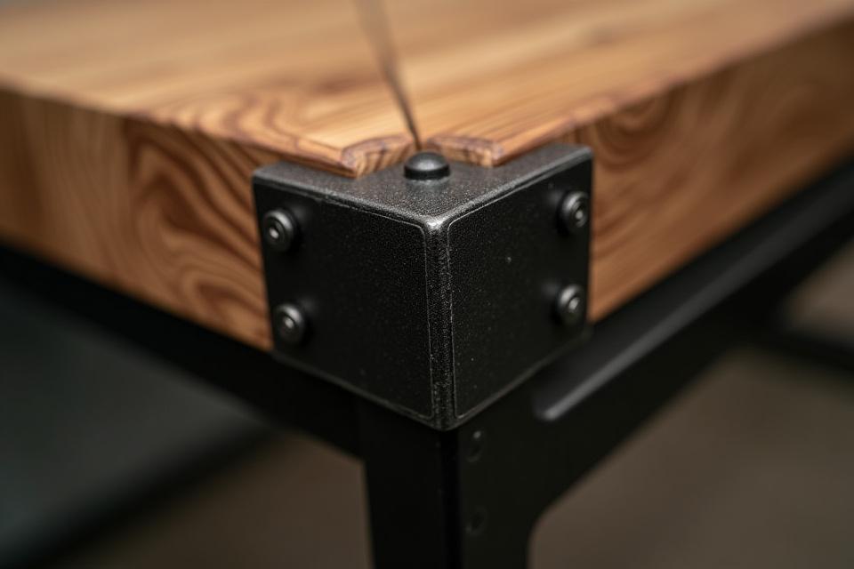 Nærbillede af robust samling mellem metal og træ på et møbel