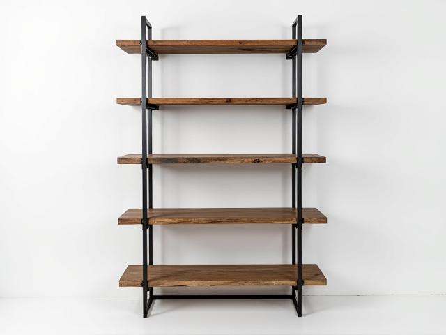 Robust industriel bogreol med stålramme og hylder i genbrugstræ