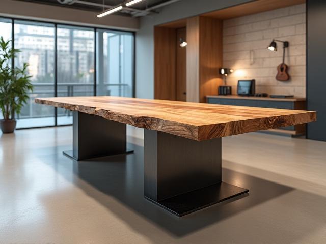 Stort konferencebord i genbrugstræ og patineret stål til erhvervskunde