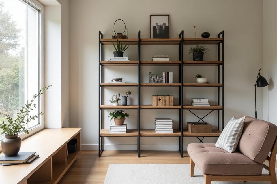 Industriel reol med dekorationer i et lyst hjemmeinteriør