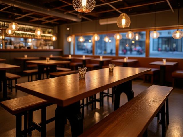 Indretning af restaurant med specialdesignede borde og bænke i industrielt look