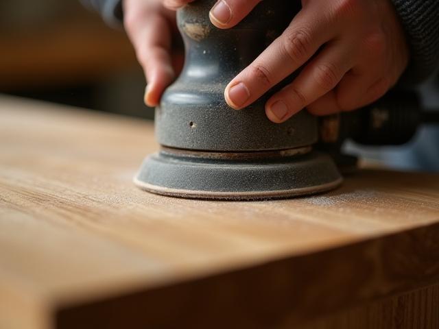 Nærbillede af træbearbejdning med sandpapir på egetræsplade