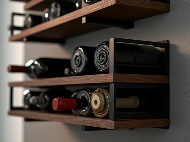 Væghængt vinreol i sort stål og mørkt træ, elegant og pladsbesparende