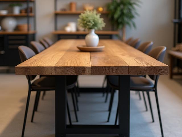 Rustikt spisebord i massivt træ med stålben